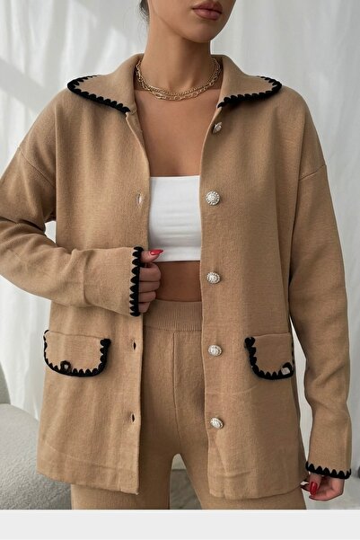 STF MODA Women's Buttoned Jacket-Pants Shepherd Stitch Knitwear Suit Ecru