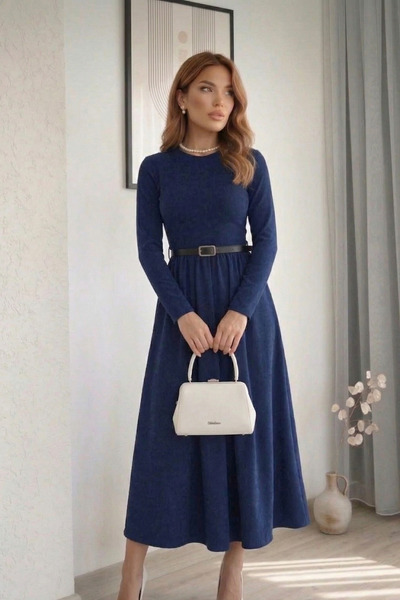 QBZ Dark Blue Belted Flared Dress