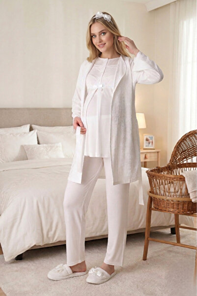 Pelin Women's Shawl Collar Jacquard Maternity 3-Piece Pajama Set