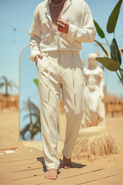 OUTFİT MAN Straight Waist Belted Classic Trousers Cream