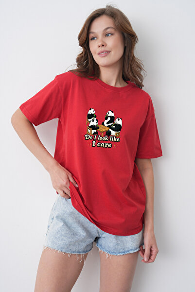 TREND EMMODA Tricou de damă din bumbac roșu, cu guler rotund, cu imprimeu amu...