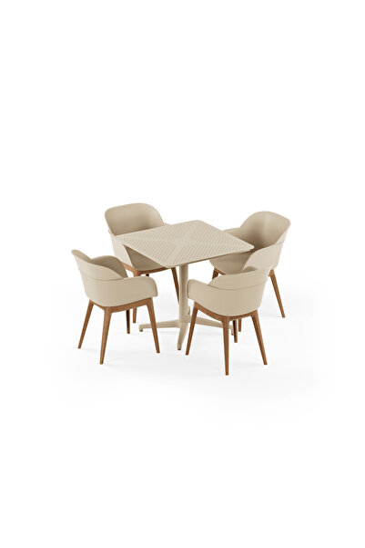 Tilia 4 Kişilik Polipropilen Masa Takımı Bej (Moon Katlanır Masa 80X80 cm + S...