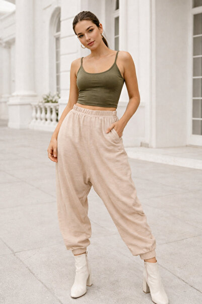 Rich Γυναικείο μπεζ φαρδύ παντελόνι με τσέπες στο πλάι