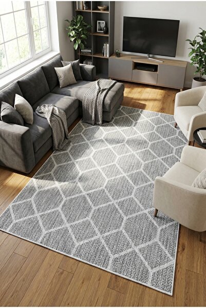 VOPTEKS Gri Beyaz Halı Salon Halısı Makinede Yıkanabilir Kaymaz Taban Halı