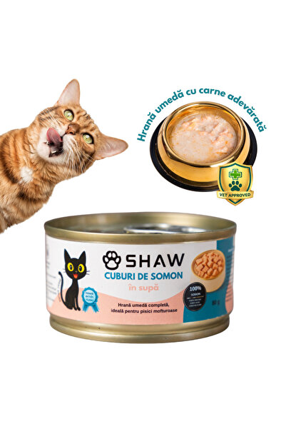 SHAW Hrană umedă premium pentru pisici, cuburi de somon în bulion, fără cerea...