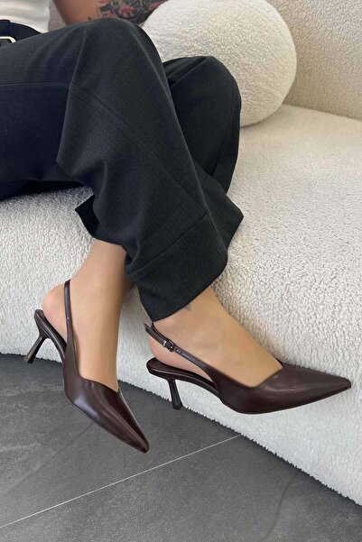 Parponi Δερμάτινα παπούτσια με τακούνι Azari με ανοιχτή πόρπη στην πλάτη, καφ...