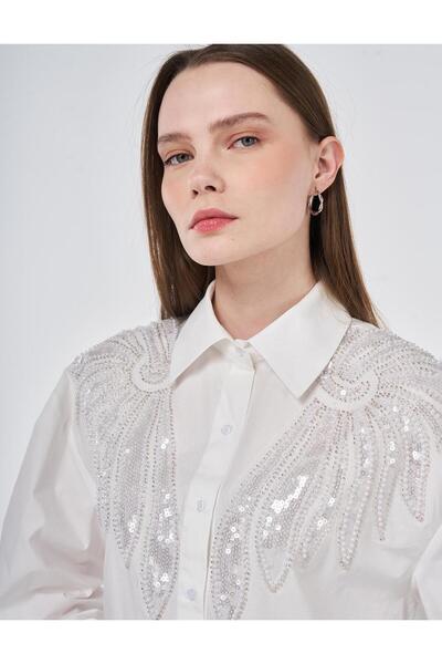 Kayra 100% βαμβακερό τουνίκ με παγιέτες και κεντημένα μαργαριτάρια, οπτικό λε...