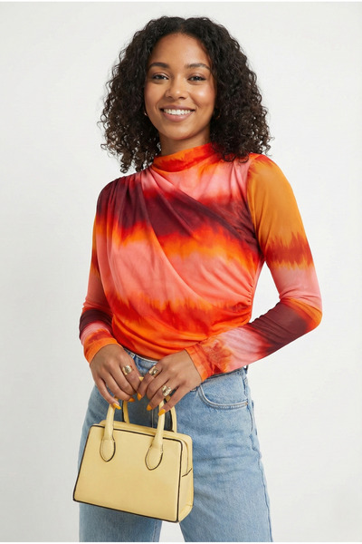 peralist Women's Orange Patterned Long Sleeve Gathered Detailed Lined Tulle B...