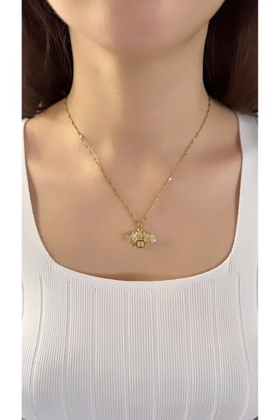 New Meluna Steel Bee Figured Necklace – Stylish Women's Necklace with Vip Zircon Stone Detail