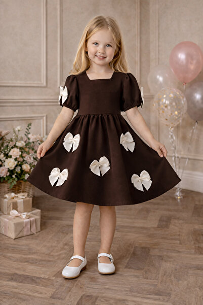 zepkids Crew Neck Pearl Bow Short Sleeve Brown Color Girls' Dress