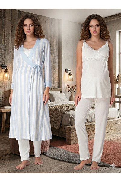 lohusahamile Maternity Pajama Set with Nursing Feature, Strappy Striped Robe