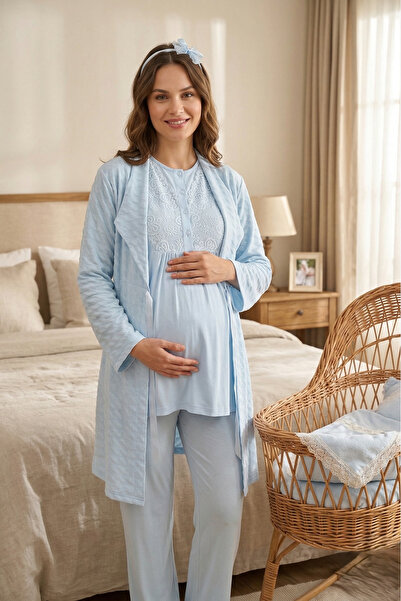 Pelin Women's Shawl Collar Jacquard Maternity 3-Piece Pajama Set