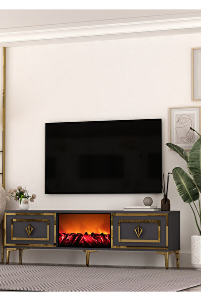 cantek dizayn TV0067-0067-TXA150-32 ŞÖMİNELİ TV SEHPASI ANTRASİT-ALTIN