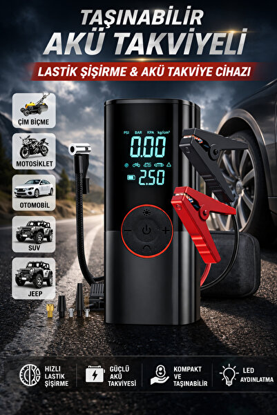 Maybax 4 in 1 Akü Takviyesi Lastik Şişirme Powerbank El Feneri Oto Komresör A...