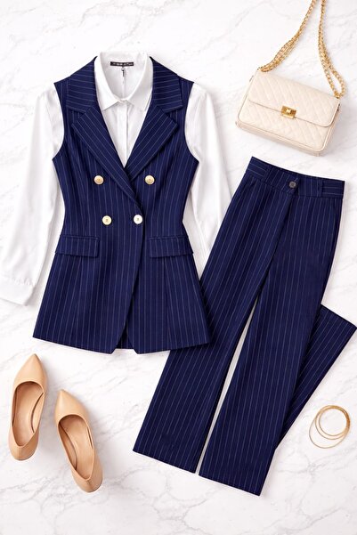 Enfi Lacivert Çizgili Yelekli Kadın Takım – Şık Ofis & Günlük Kombin