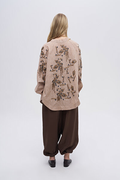 Orfeo Negro Women's Light Brown Kimono with Embroidered Sleeves and Back