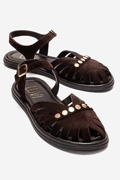 LuviShoes Γυναικεία σανδάλια CHIELA από γνήσιο δέρμα καφέ σουέντ με λουράκι σ...