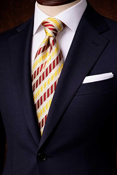 Kravatkolik Yellow - Red Stripe Pattern Italian Silk Tie Ik2343