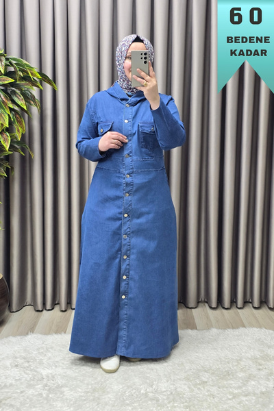 Elmas Tesettür Kadın Giyim Büyük Beden Düğmeli Kapşonlu Tam Boy Kot Elbise