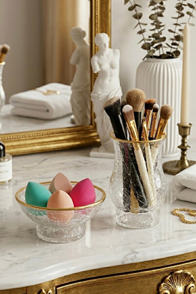 BYC TÜRKİYE Gold Detailed Broken Glass Design Makeup Brush Holder & Sponge Ho...