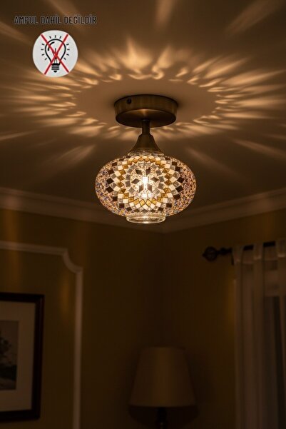 Bamyum Noura Mozaik-D Renkli Cam Tekli Plafonyer Eskitme Piramit Tepe Başlık ...