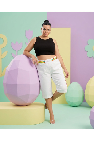 Trieste Capri din denim pentru femei, cu talie înaltă elastică, cu șireturi, ...