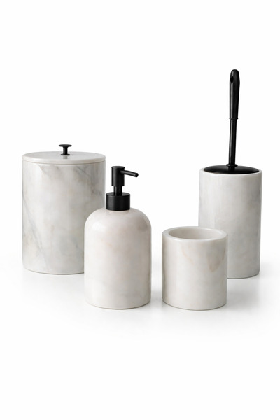 DMR HOME Mermer Görünümlü 4’lü Banyo Seti | Sıvı Sabunluk, Diş Fırçalık, WC F...