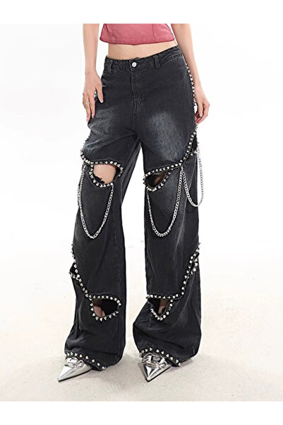Zaghou High-Waisted Denim Jeans with Rivets