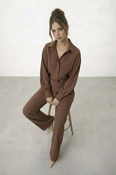 VAGGON Hidden Placket Belted Shirt and Pants Set