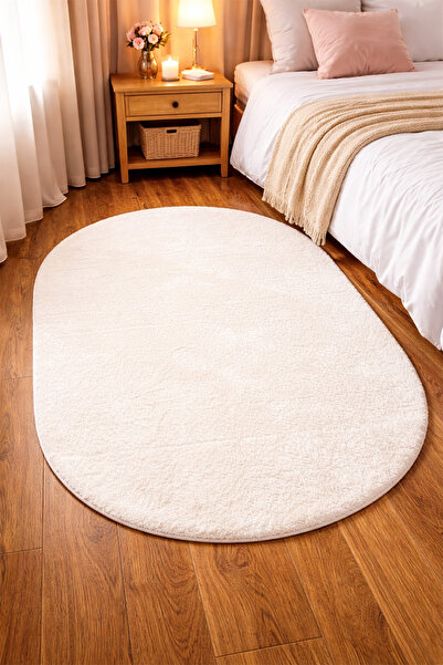 aymira home Peluş Krem OVAL Tüylü Yumuşak Yıkanabilir Kaymaz Taban Halı Yollu...