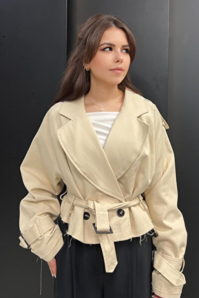 thesunfyre ΓΥΝΑΙΚΕΙΑ Κρεμ Κοντή Καμπαρντίνα από Ύφασμα Premium με Ζώνη