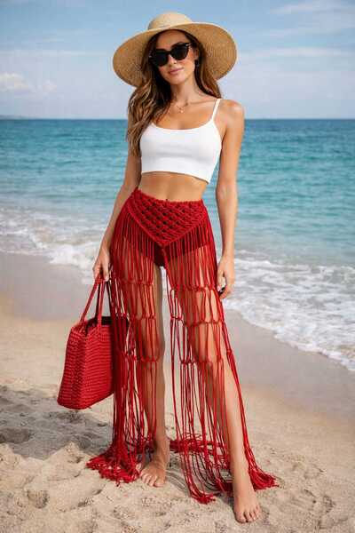 shop Women's Red Knitted Tasseled Pareo Beach Skirt