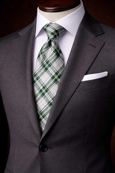 Kravatkolik Gray - Green Plaid Pattern Italian Silk Tie Ik2350