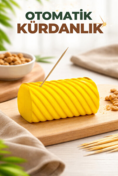 Sarı Otomatik Kürdanlık – Pratik Hijyenik Çek Bırak Kürdan Dağıtıcı | Modern Tasarım