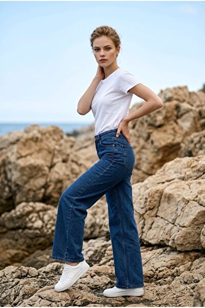 mooishan Larisa Blue Color High Waist Lycra Wide Leg Women's Loose Palazzo Jeans