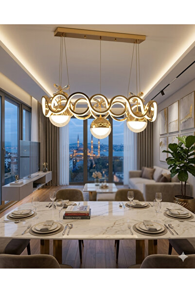 Baviyer Aydınlatma Sun Yemek Masası 3 Toplu 3 Renk Gold Kristal Taşlı Led Avize