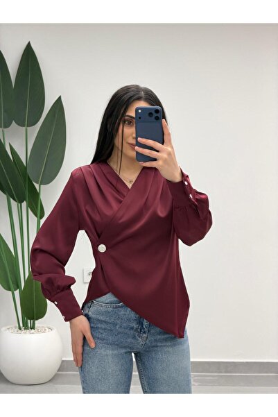 MARGA Double-Breasted Collar Button Detailed Satin Blouse