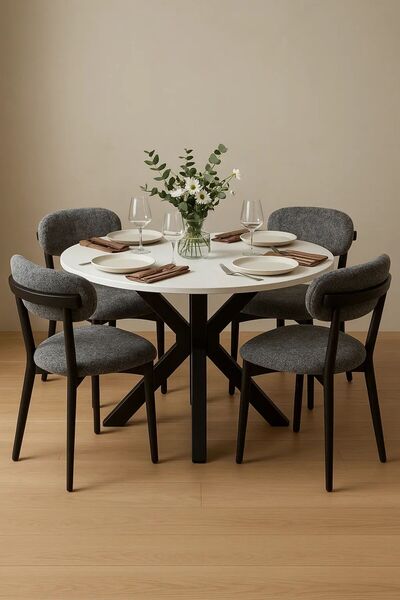 Imperial Star Yuvarlak Yemek Masası Takımı 4 Kişilik – Mermer Desenli Masa + ...