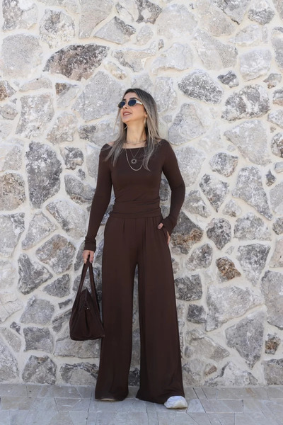 bytugcekaya Καφέ Σετ Παντελόνι και Μπλούζα με Φαρδύ Γιακά