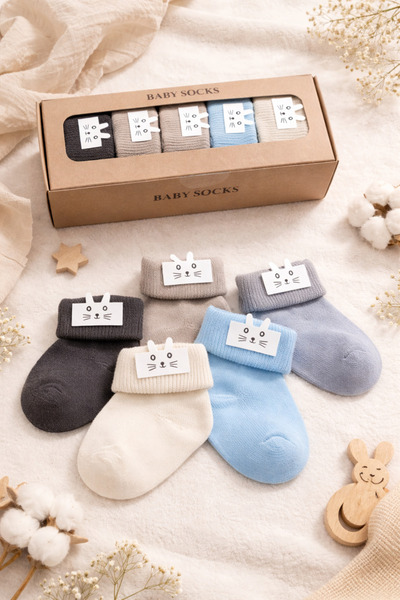 baby socks Hediye Seti 5’li Unisex Bebek Çorabı – Kedi Detaylı
