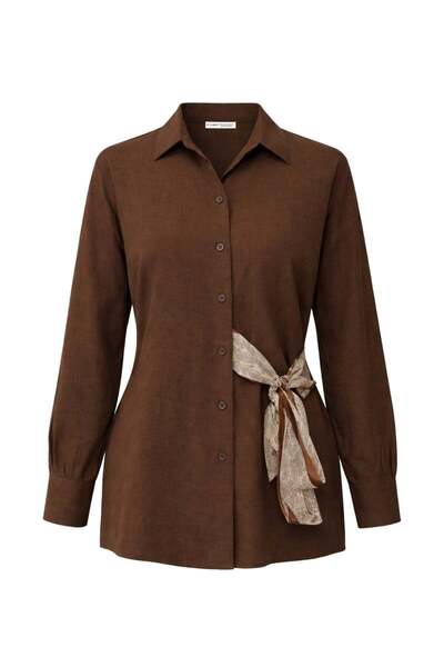Mixray 4859 قميص نسائي بتفاصيل وشاح مربوط من الجانب باللون البني
