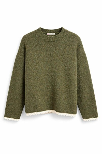 Mixray 7022 Women's Lace Detailed Crew Neck Premium Knitwear Sweater Khaki