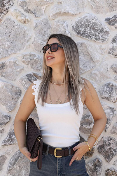 bytugcekaya Ecru Ribbed Tank Top with Lace Shoulders