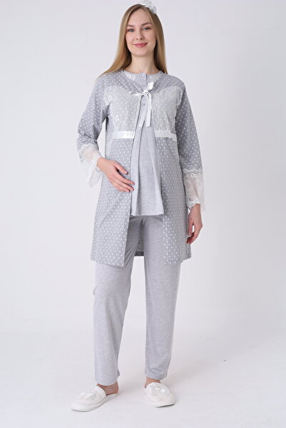 ERDENİZ TEKSTİL 3-Piece Maternity Pajama Set with Lace and Polka Dot Robe - B...