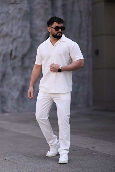 L-KOM Men's Short Sleeve Linen Shirt Pants Set Summer Casual Bottom Top Set