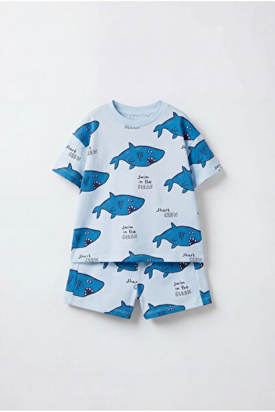 Magu Boys' Cotton Light Blue Shark Print T-Shirt Shorts Set