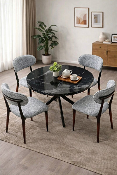 Imperial Star Yuvarlak Yemek Masası Takımı 4 Kişilik – Mermer Desenli Masa + ...