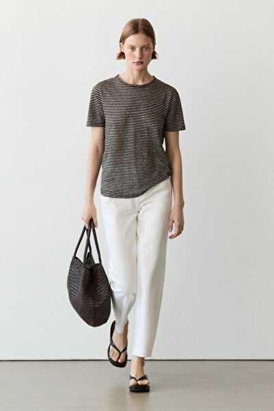 Massimo Dutti Regular fit çizgili %100 keten tişört