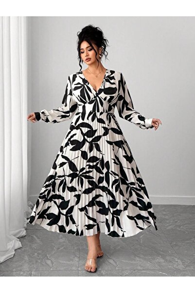 Iuliashop Catinca Long White Dress with Black Print Pleated - Plus Sizes - 46