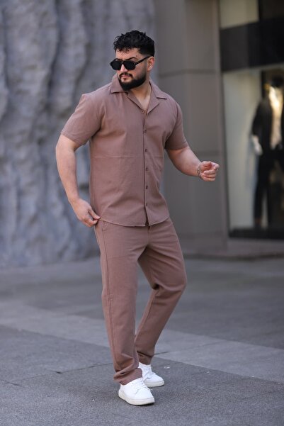 L-KOM Men's Short Sleeve Linen Shirt Pants Set Summer Casual Bottom Top Set